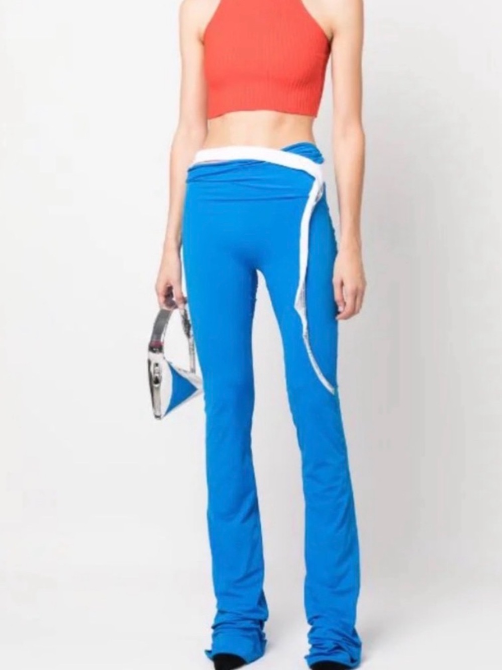 Ottolinger Bright Blue High-Rise Bootcut Pants with White Waist Tie